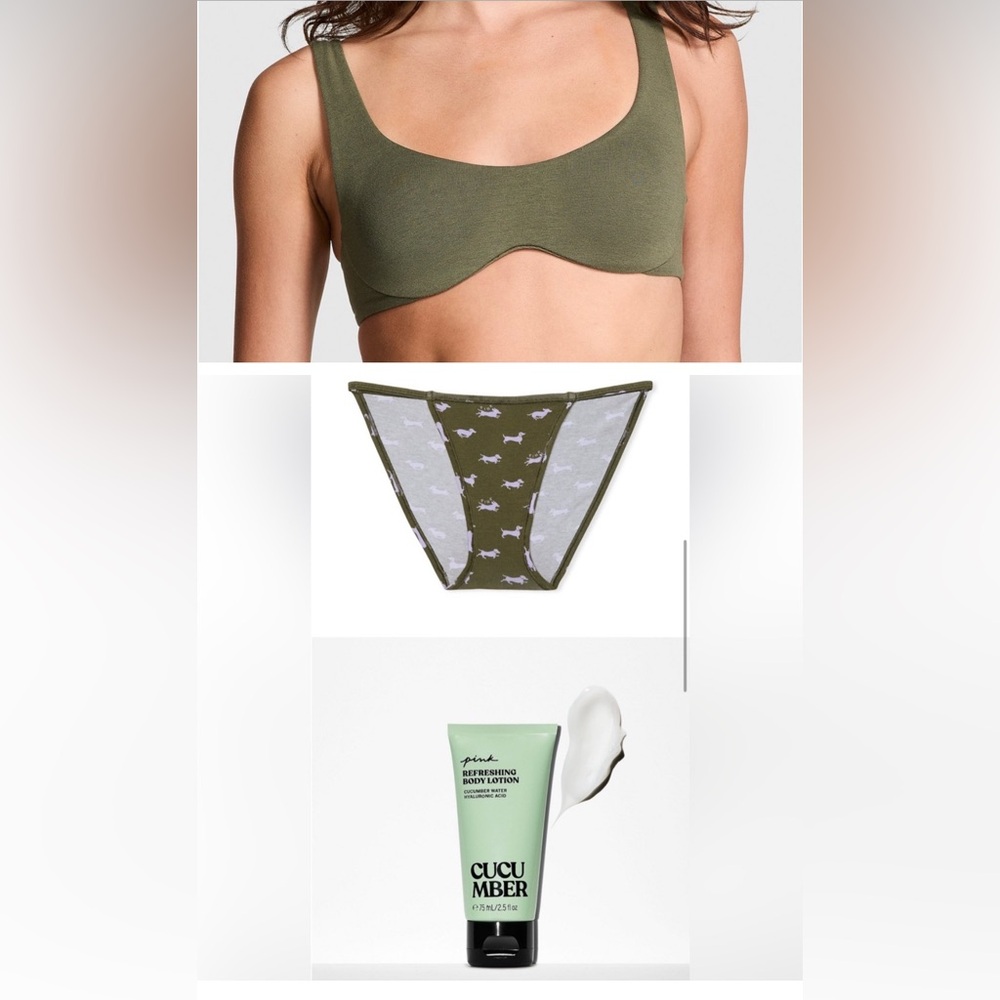 3pcs Bra , Panty, lotion Lot , olive green 🫒 cucumber lotion 🥒 Small 32DD / 34DD